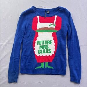 So It Is Future Mrs Claus Christmas Sweater Blue Holiday Graphic Pullover Medium